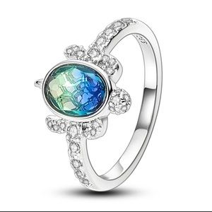 Sparkling Sea Turtle Tortoise sterling Silver healing crystal ring